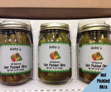 Load image into Gallery viewer, all natural hot pickled okra 3 pack with graphic