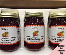 Load image into Gallery viewer, all natural seedless red raspberry jam 3 pack gift box with graphic