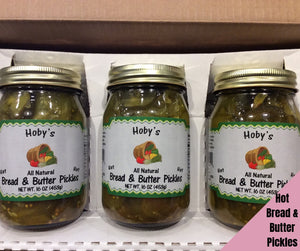 all natural spicy hot bread and butter pickles 3 pack gift box with graphic