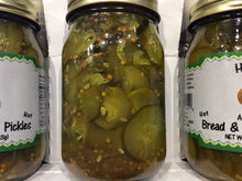 Load image into Gallery viewer, all natural spicy hot bread and butter pickles back of jar view