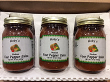 Load image into Gallery viewer, four pepper salsa 3 pack in gift box front of jar view