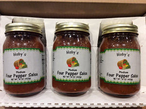 four pepper salsa 3 pack in gift box front of jar view
