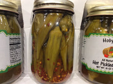 Load image into Gallery viewer, all natural hot pickled okra back of jar view