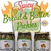 Load image into Gallery viewer, all natural spicy hot bread and butter pickles 3 pack gift box with graphic