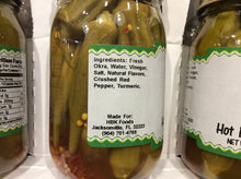 Load image into Gallery viewer, all natural hot pickled okra ingredients