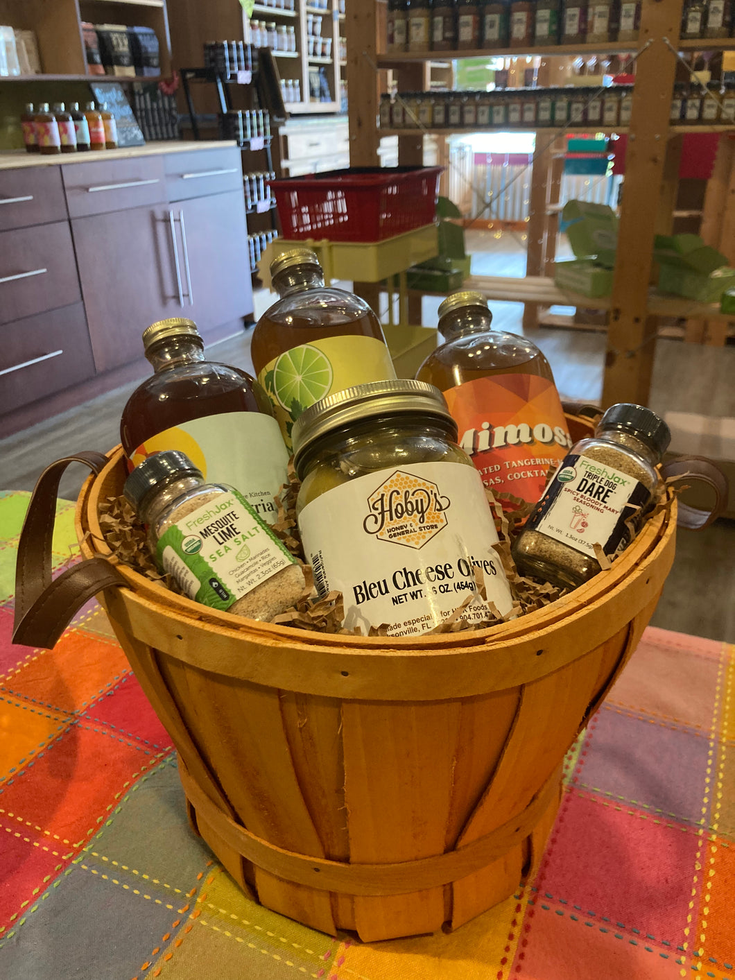 The Cocktail Collection Basket - simple syrups, drink rim spices, stuffed olives