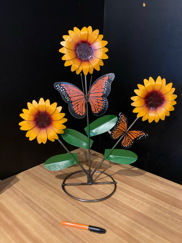 Triple Sunflower w/ Butterfly 24” x 24” - Metal Yard Art