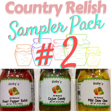 Load image into Gallery viewer, Country Relish 3-Pack #2-Sweet Pepper+Mild Chow Chow+Cajun Candy