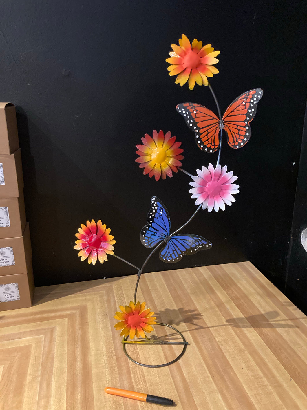 Small Multi Colored Flowers w/ Butterfly 20” Tall- Metal Yard Art