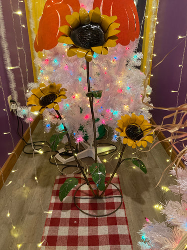 (*sold 10/25) (Large) Triple Sunflower w/ Butterfly 45” Tall - Metal Yard Art