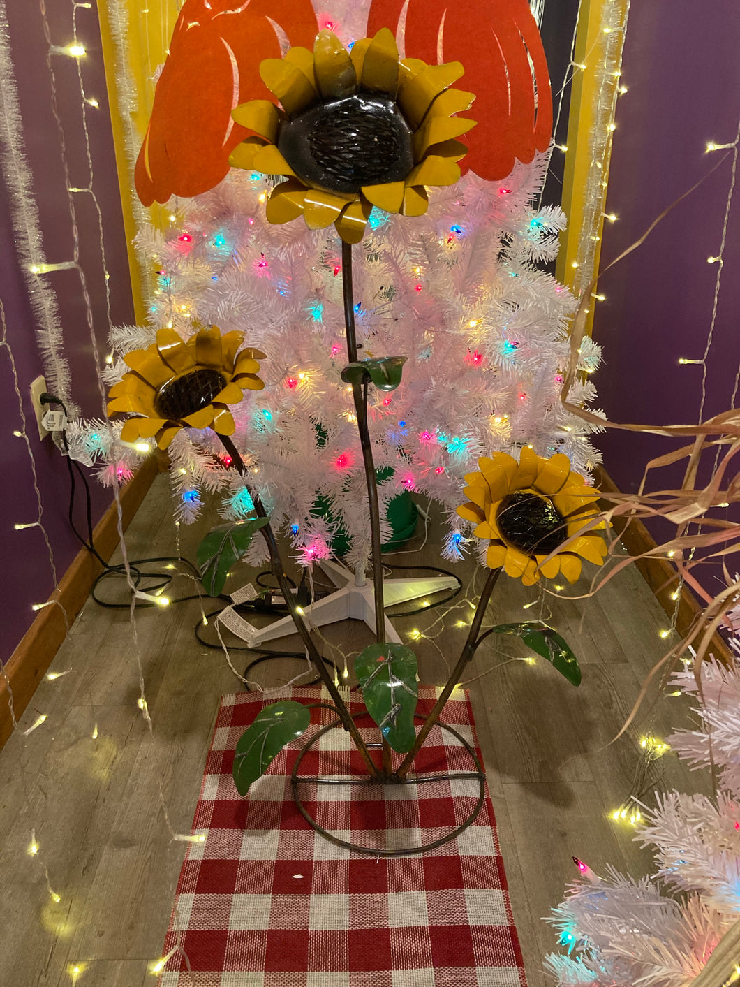 (*sold 10/25) (Large) Triple Sunflower w/ Butterfly 45” Tall - Metal Yard Art
