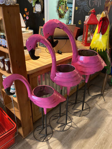 (*Sold 10/23) 3ft Flamingo Planter (smallest one shown)  - Metal Yard Art