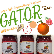 Load image into Gallery viewer, all natural gator jam ginger apple tangerine orange raspberry jam 3 pack with graphic