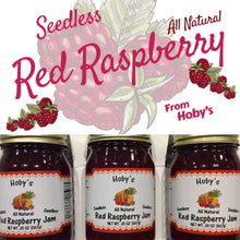 Load image into Gallery viewer, all natural seedless red raspberry jam 3 pack gift box with graphic